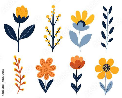 Collection of spring colorful flower elements. Set floral of wildflower, leaf branch, foliage on white background. Vector
