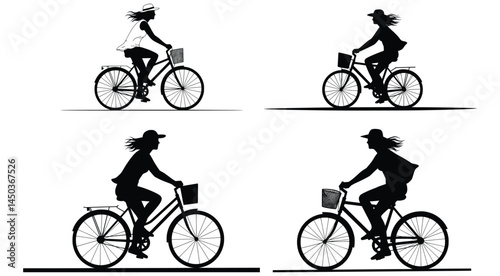 Elegant Silhouette of Women Riding Bicycles with Baskets on a Leisurely Ride