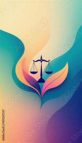 A creative illustration showcases balanced scales representing justice, surrounded by colorful leaf shapes, symbolizing harmony in a serene and artistic manner. The design conveys peace and equality