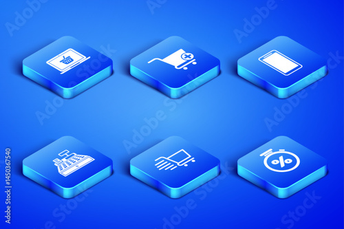 Set Stopwatch and percent, Shopping basket on laptop, cart, Cash register machine, Add and Smartphone, mobile phone icon. Vector