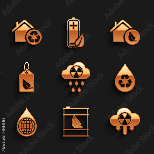 Set Acid rain and radioactive cloud, Bio fuel barrel, Recycle clean aqua, Earth planet water drop, Tag with leaf, Eco friendly house and House recycling icon. Vector