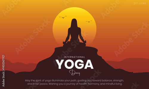 International Yoga Day Banner and Greeting Card Design. 21 June - Yoga Day Creative Background with Meditation Pose Silhouette Vector Illustration