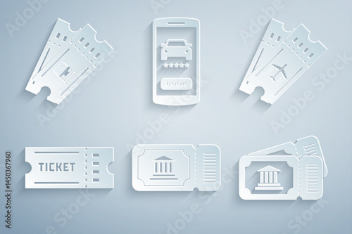 Set Museum ticket, Airline, Ticket, Online car sharing and Train icon. Vector