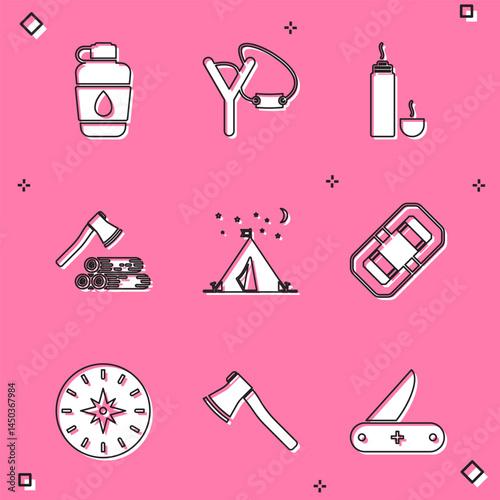 Set Canteen water bottle, Slingshot, Thermos container, Wooden axe and wood, Tourist tent with flag, Rafting boat, Compass and icon. Vector
