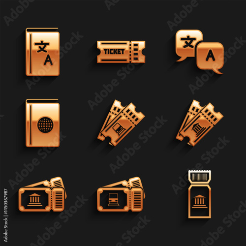 Set Train ticket, Museum, Cover book travel guide, Translator and icon. Vector