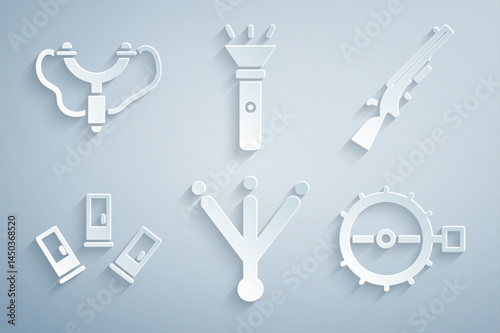 Set Bird footprint, Shotgun, Cartridges, Trap hunting, Flashlight and Slingshot icon. Vector