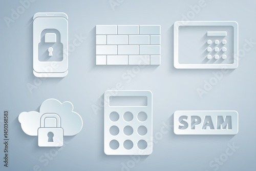 Set Password protection, Safe, Cloud computing lock, Spam, Firewall, security wall and Mobile with closed padlock icon. Vector
