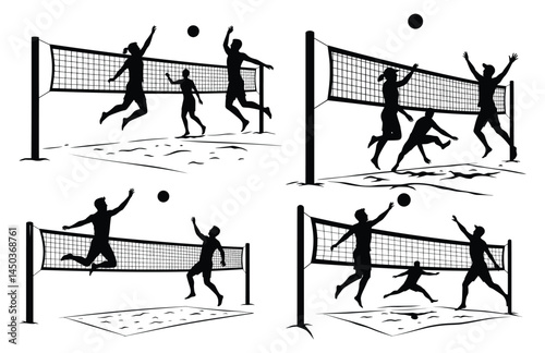 Silhouette of Beach Volleyball Players in Action on Sandy Beach at Sunset