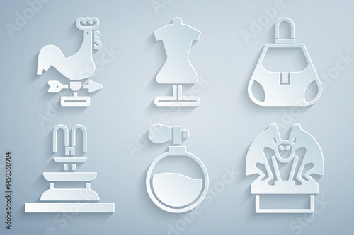 Set Perfume, Handbag, Fountain, Gargoyle on pedestal, Mannequin and Rooster weather vane icon. Vector