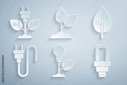 Set Light bulb with leaf, Tree, Electric plug, LED light, Plant and saving in icon. Vector