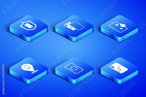 Set Mobile with broken screen, shield, Phone repair service, and Waterproof phone icon. Vector