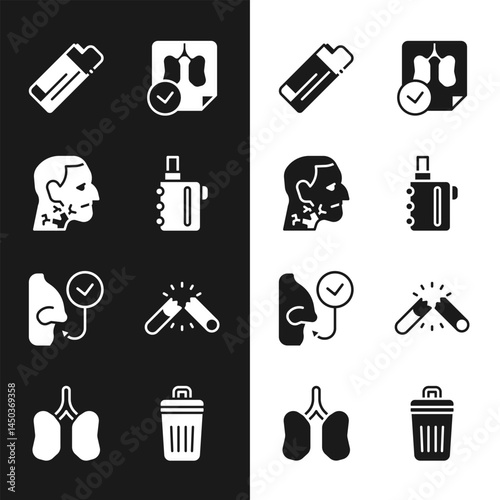 Set Electronic cigarette, Throat cancer, Lighter, Lungs x-ray diagnostics, Healthy breathing, Broken, Trash and icon. Vector