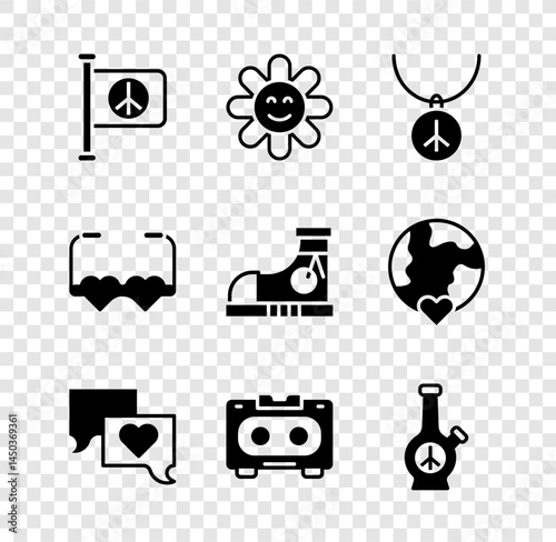 Set Flag peace, Flower, Necklace with symbol, Speech bubble chat, Retro audio cassette tape, Bong, Heart shaped love glasses and Sneakers icon. Vector