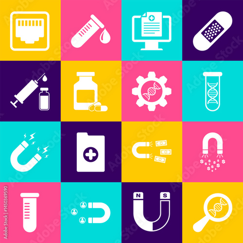 Set DNA research, search, Magnet with money, , Clinical record monitor, Medicine bottle and pills and Medical syringe vial icon. Vector