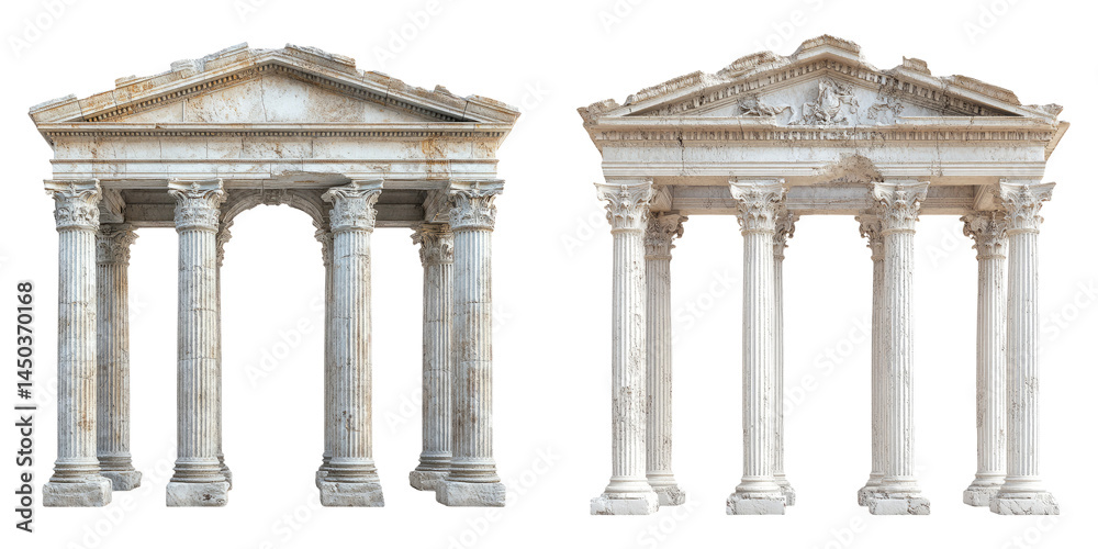 Obraz premium Classic Greek temple facades isolated on white PNG image perfect for educational architecture designs or historical visuals