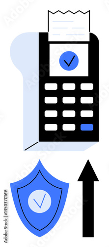 POS terminal printing receipt with verified mark, shield, and upward arrow. Ideal for security, payment, technology, e-commerce, business growth, customer trust simple landing page