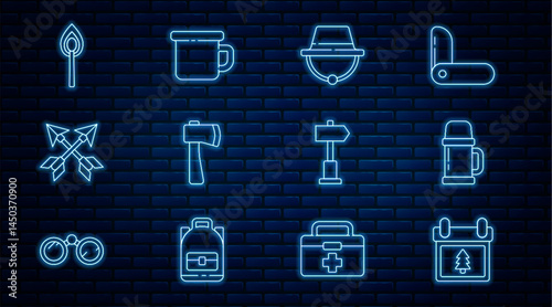 Set line Calendar with tree, Thermos container, Camping hat, Wooden axe, Crossed arrows, Burning match fire, Road traffic signpost and metal mug icon. Vector