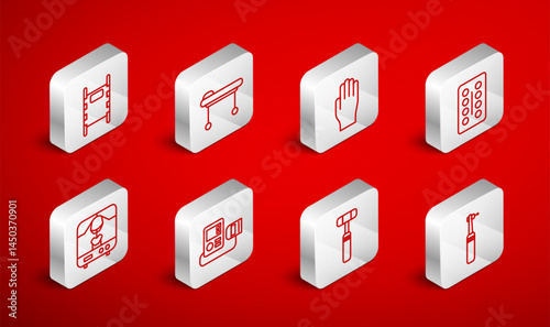 Set line Tooth drill, Stretcher, Medical rubber gloves, Pills in blister pack, Neurology reflex hammer, Blood pressure and X-ray machine icon. Vector