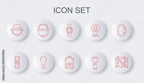 Set line Location of the forest on map, Climber rope, Smart watch showing heart beat rate, Flashlight, Camping hat, pot, Chicken leg and Hiking backpack icon. Vector