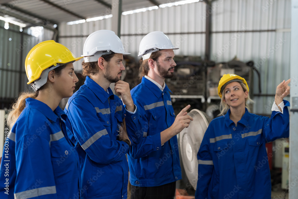 Engineer team, Group of colleagues or Workers meeting, discuss, training and present of work on whiteboard in factory Engineer team, Group of colleagues or Workers meeting, discuss, training and present of work on whiteboard in factory