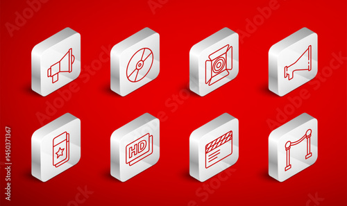 Set line Rope barrier, CD or DVD disk, Movie spotlight, Megaphone, clapper, Hd movie, tape, frame and Cinema ticket icon. Vector