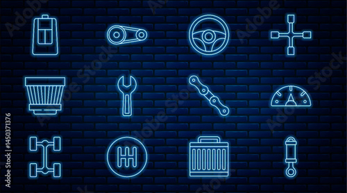 Set line Shock absorber, Speedometer, Steering wheel, Wrench spanner, Car air filter, key with remote, chain and Timing belt kit icon. Vector