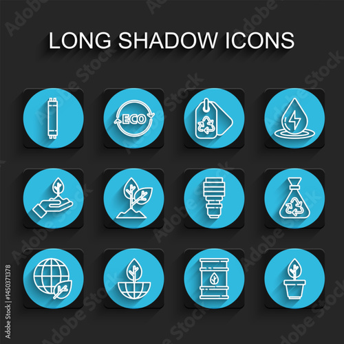 Set line Earth globe and leaf, plant, Fluorescent lamp, Bio fuel barrel, Plant in pot, Garbage bag with recycle and LED light bulb icon. Vector