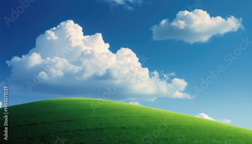 A lush green hillside stretches under a bright blue sky dotted with soft, fluffy clouds. The scene captures the tranquility of a sunny day in nature, perfect for relaxation and enjoyment