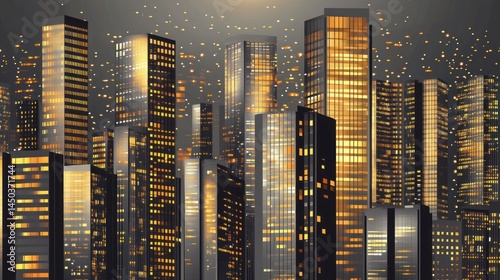 Night cityscape with illuminated skyscrapers and glittering particles.