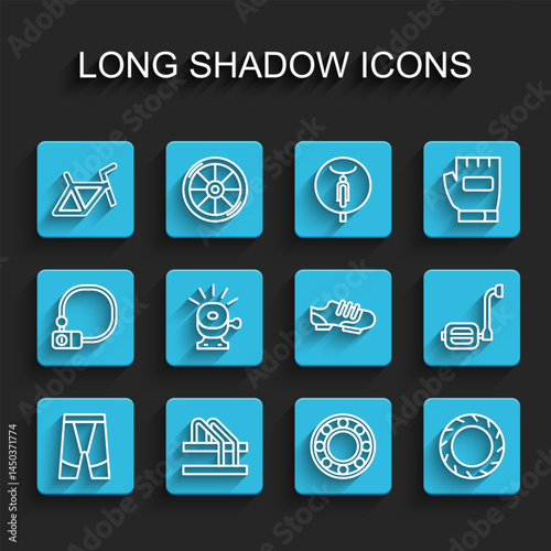 Set line Cycling shorts, Bicycle parking, frame, ball bearing, wheel tire, bell, pedal and shoes icon. Vector
