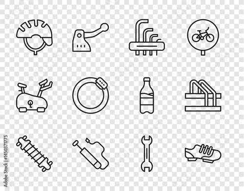 Set line Bicycle suspension, shoes, Tool allen keys, air pump, helmet, brake disc, Wrench spanner and parking icon. Vector