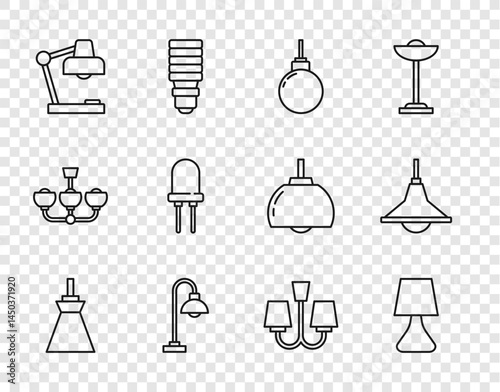 Set line Lamp hanging, Table lamp, Floor, Light emitting diode, Chandelier and icon. Vector