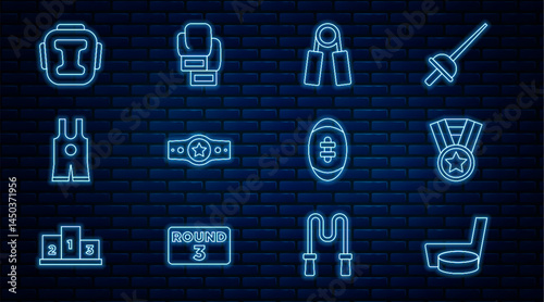Set line Ice hockey stick and puck, Medal, Sport expander, Boxing belt, Wrestling singlet, helmet, American Football ball and glove icon. Vector