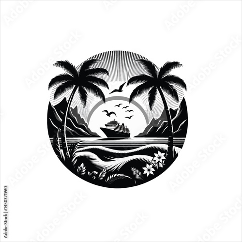 Stylish black and white silhouette of a tropical paradise scene with a yacht.