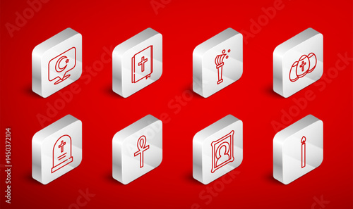Set line Burning candle, Holy bible book, Aspergillum, Easter egg, Christian icon, Star crescent, Cross ankh and Tombstone with cross icon. Vector
