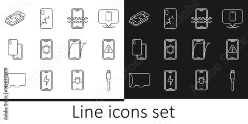 Set line USB cable cord, Mobile with exclamation mark, Waterproof phone, shield, Smartphone, broken screen, Glass protector and icon. Vector