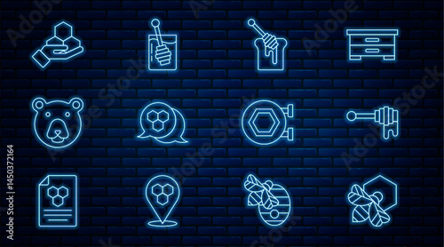 Set line Bee and honeycomb, Honey dipper stick with, Honeycomb, Bear head, hand, Hanging sign and icon. Vector