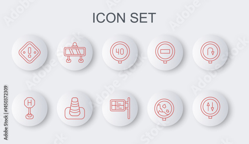 Set line Road warning two way traffic, Hospital road, Speed limit, rockfall, Exclamation mark triangle, barrier, Traffic cone and ublic transport board icon. Vector