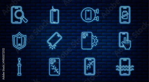 Set line Waterproof phone, Phone repair service, Shockproof, Mobile with shield, and Glass screen protector icon. Vector