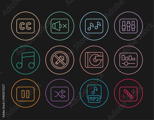 Set line Photo retouching, Music equalizer, note, tone, Mute microphone, Subtitles, Vinyl player with vinyl disk and Speaker mute icon. Vector