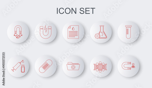 Set line Customer attracting, Medical syringe and vial, Clipboard with blood test, Genetic engineering, Magnet money, lightning, Bandage plaster and Health record folder icon. Vector