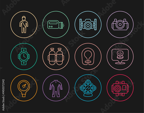 Set line Photo camera for diver, Scallop sea shell, Aqualung, Diving watch, Wetsuit scuba diving, Life jacket and Flashlight icon. Vector
