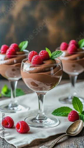 Rich chocolate mousse is served in delicate glass cups, adorned with fresh raspberries and mint leaves, showcasing a delightful and indulgent dessert perfect for any occasion
