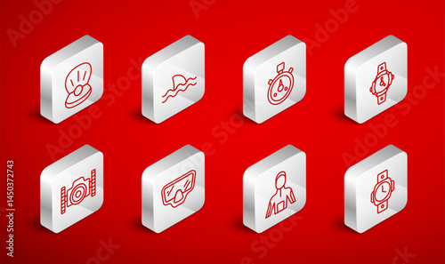 Set line Diving watch, Shark, Stopwatch, Wetsuit for scuba diving, Pearl, mask and Photo camera diver icon. Vector