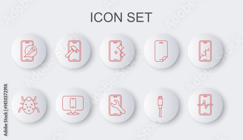 Set line Phone repair service, System bug, Glass screen protector, USB cable cord, Mobile, with broken, and icon. Vector