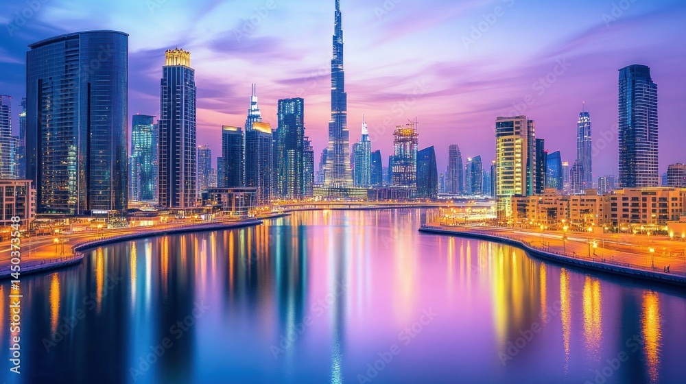 Obraz premium Sunrise cityscape reflecting on water. Modern high-rise buildings lining a canal