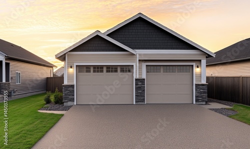 Two-car garage attached to a house at sunset.  Beige siding, dark gray trim, and stone accents.  Landscaped yard with driveway