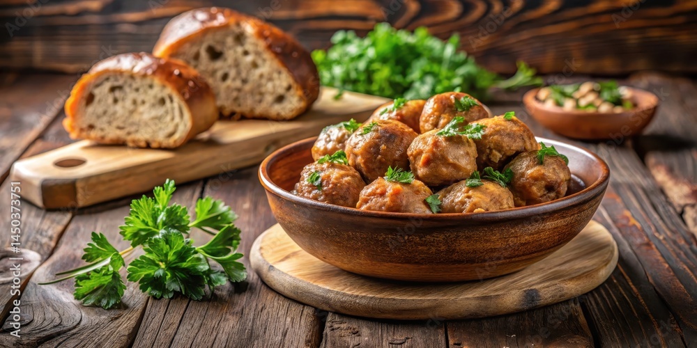 A juicy bowl of steaming pork meatballs placed on a rustic wooden table, garnished with fresh parsley and surrounded by a few slices of crusty bread , hearty meal, wood table A juicy bowl of steaming pork meatballs placed on a rustic wooden table, garnished with fresh parsley and surrounded by a few slices of crusty bread , hearty meal, wood table
