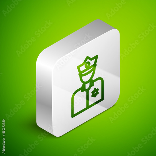 Isometric line Police officer icon isolated on green background. Silver square button. Vector