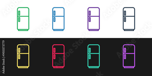 Set line Refrigerator icon isolated on black and white background. Fridge freezer refrigerator. Household tech and appliances. Vector